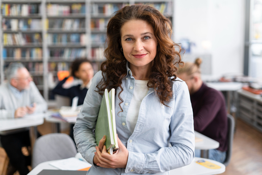 Dame souriante avec des livres